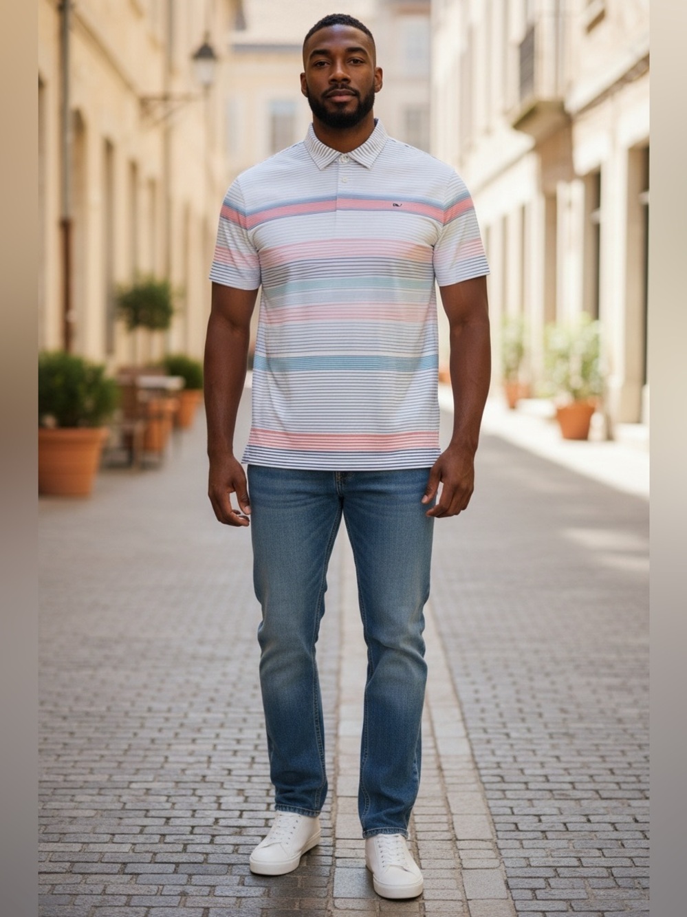 Vineyard Vines Pastel Multistripe Polo in Blue, Pink, and White AGW11